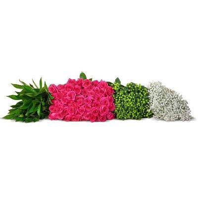 Build Your Own Bouquet - Fresh Cut Hot Pink Roses, Green Hypericum, Gypsophila & Greens