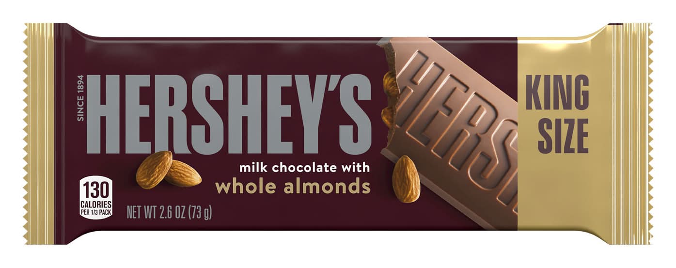 Hershey's King Size Milk Chocolate Candy Bar, Whole Almonds (2.6 oz)
