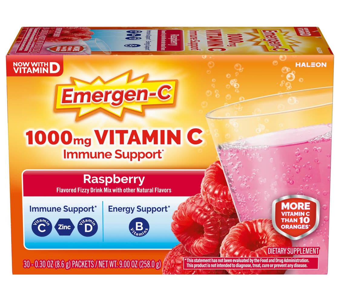 Emergen-C Vitamin C Daily Immune Support Fizzy Drink Mix 1000 mg, Raspberry (30 x 0.32 oz)