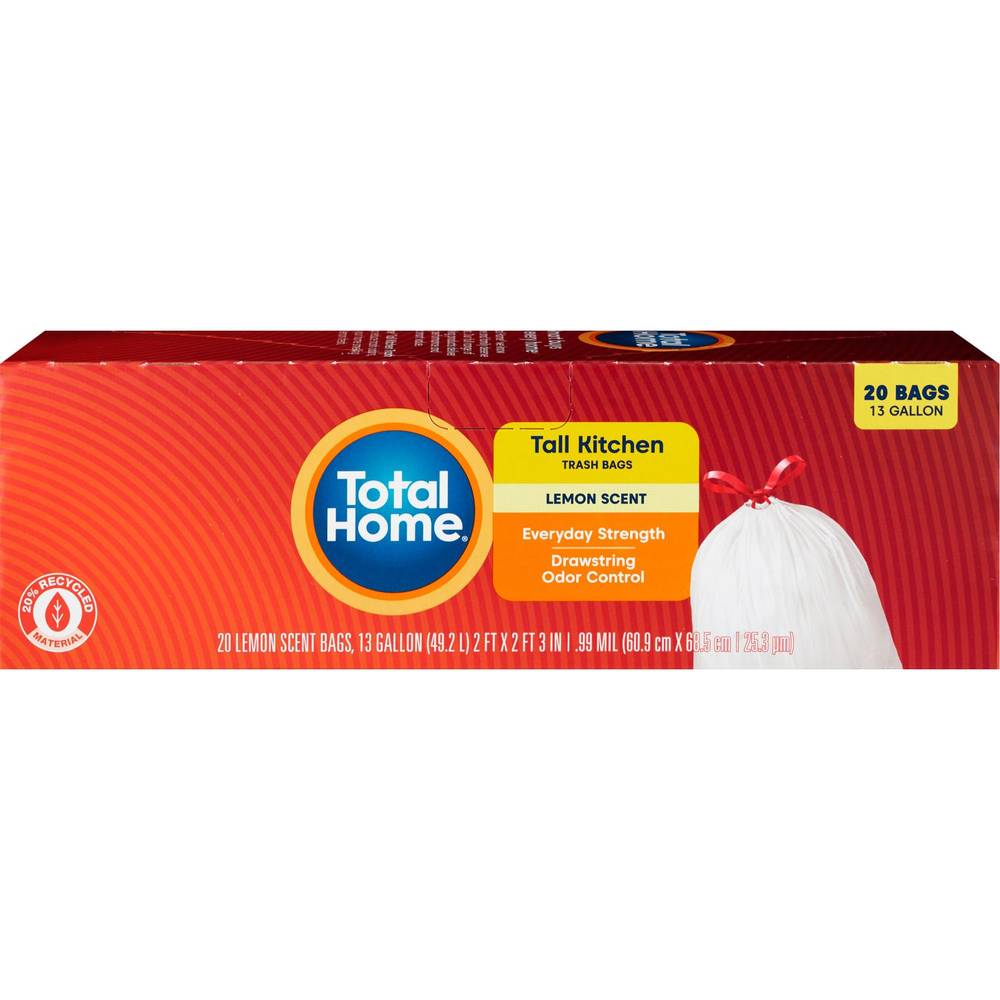 Total Home Drawstring Tall Kitchen Trash Bags, Odor Control, 20 Ct