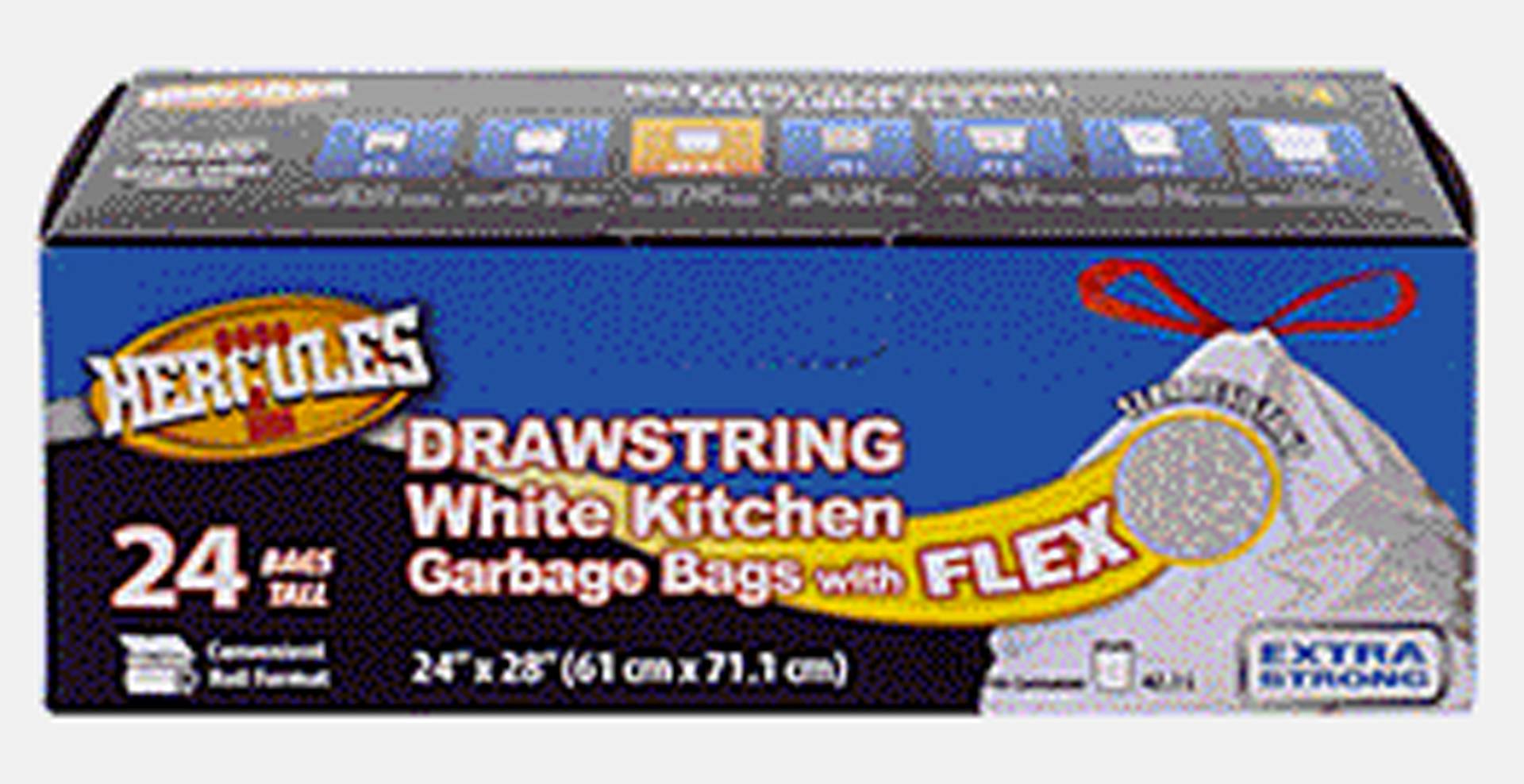 Hercules Drawstring Kitchen Garbage Bags, 24x28 in, White (24 ct)