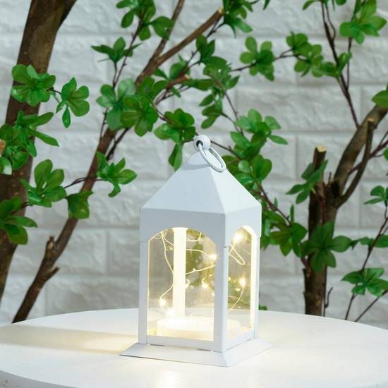 White Metal Lantern with Flickering LED Fairy Lights, 4in x 8in