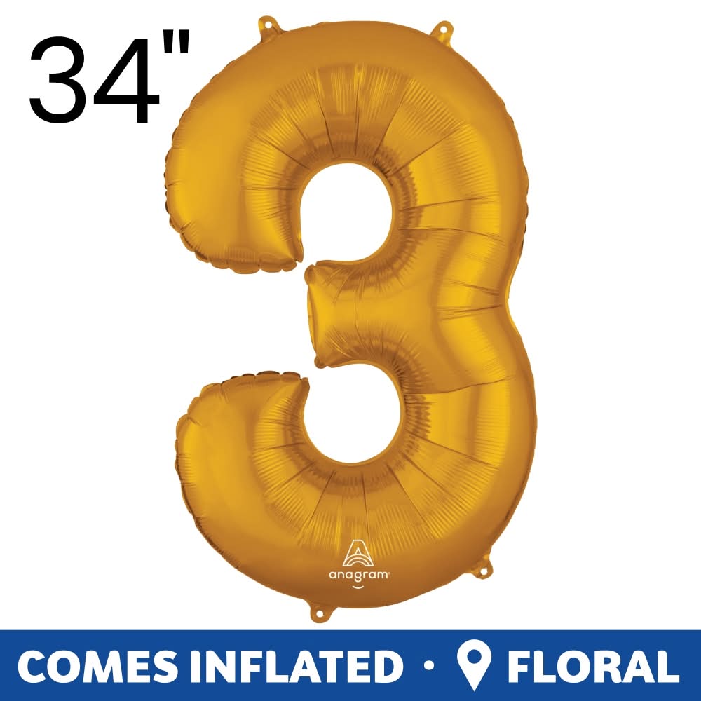 GOLD NUMBER 3 Helium Filled Balloon - 34 inches BIG