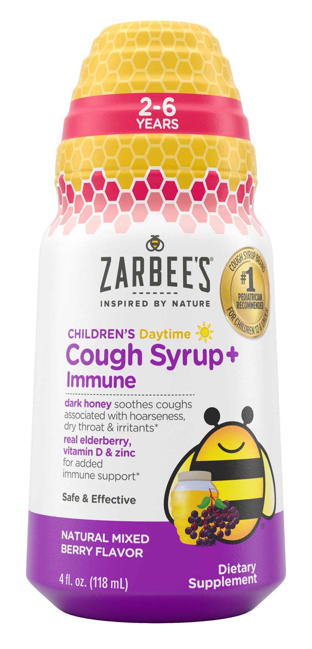 Zarbee's Honey Vitamin D & Zinc Kids Cough Syrup, Mixed Berry (4 fl oz)