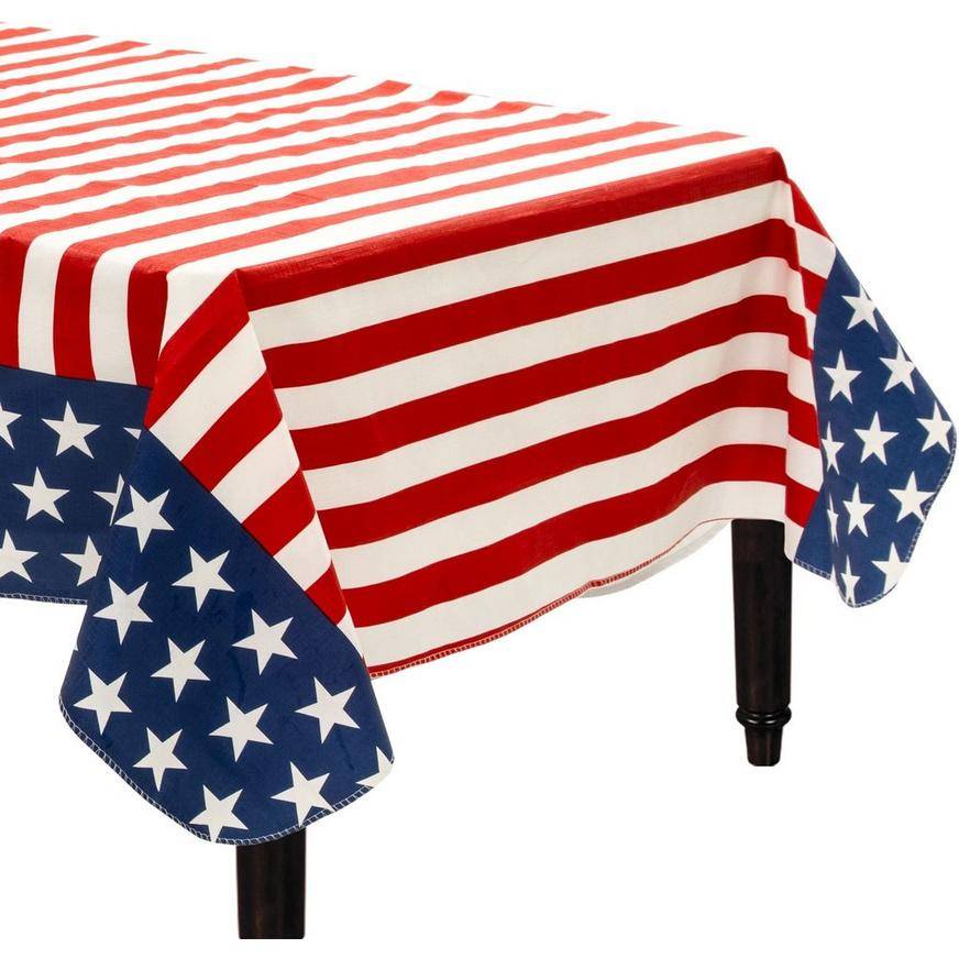 Party City Patriotic American Flag Flannel-Backed Vinyl Tablecloth