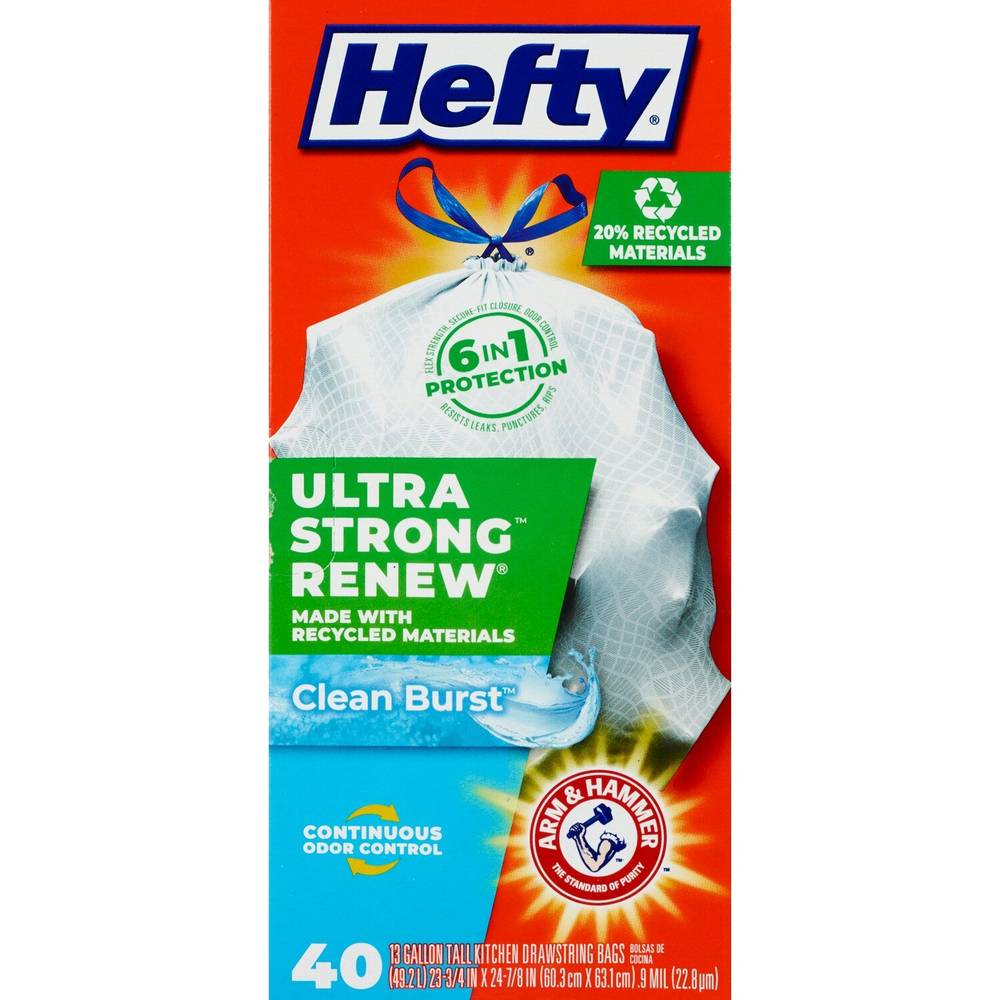 Hefty Renew 13 Gallon Tall Kitchen Drawstring Bags, Scent Free, 40 ct