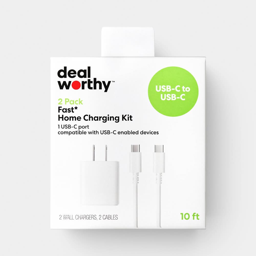 Dealworthy Usb-C To Usb-C Cable Home Charging Kit, 10 ft, White (2 ct)