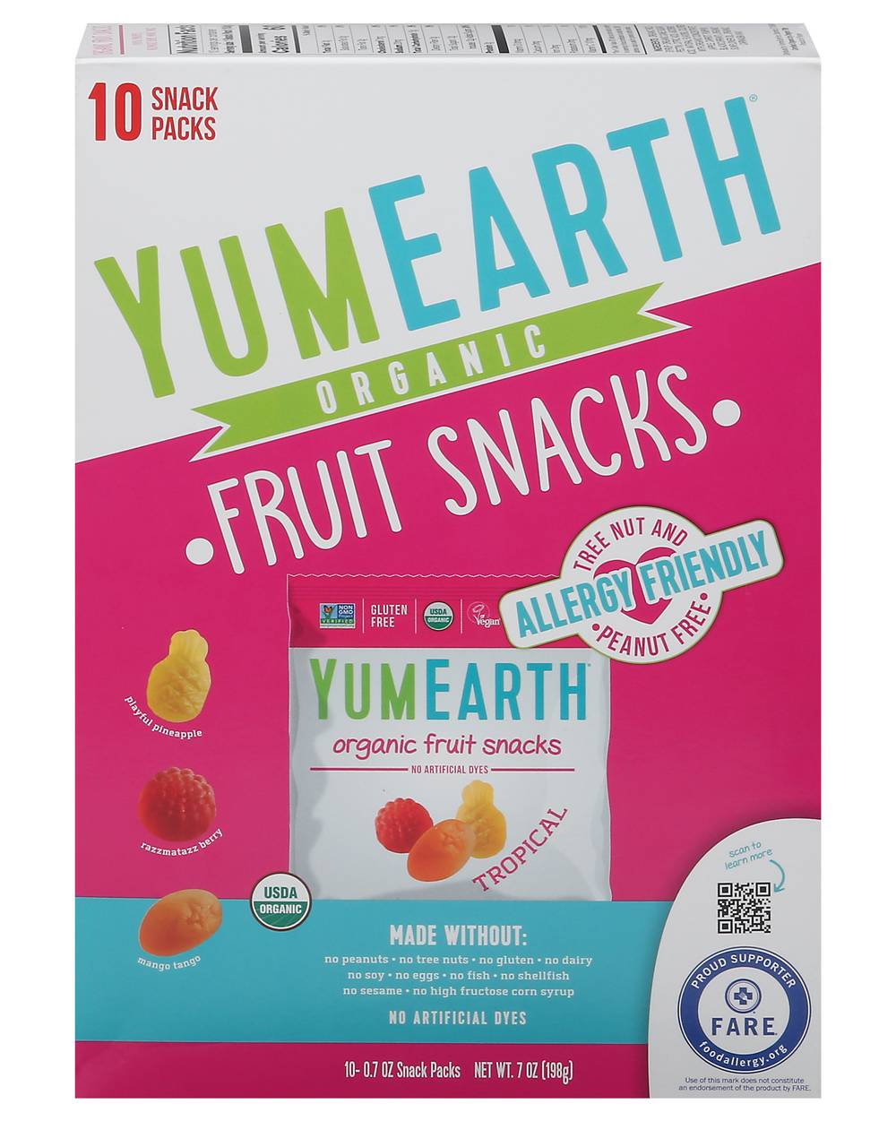 YumEarth Organic Tropical Fruit Snacks, Pineapple-Razzmatazzberry-Mango (10 x 0.7 oz)