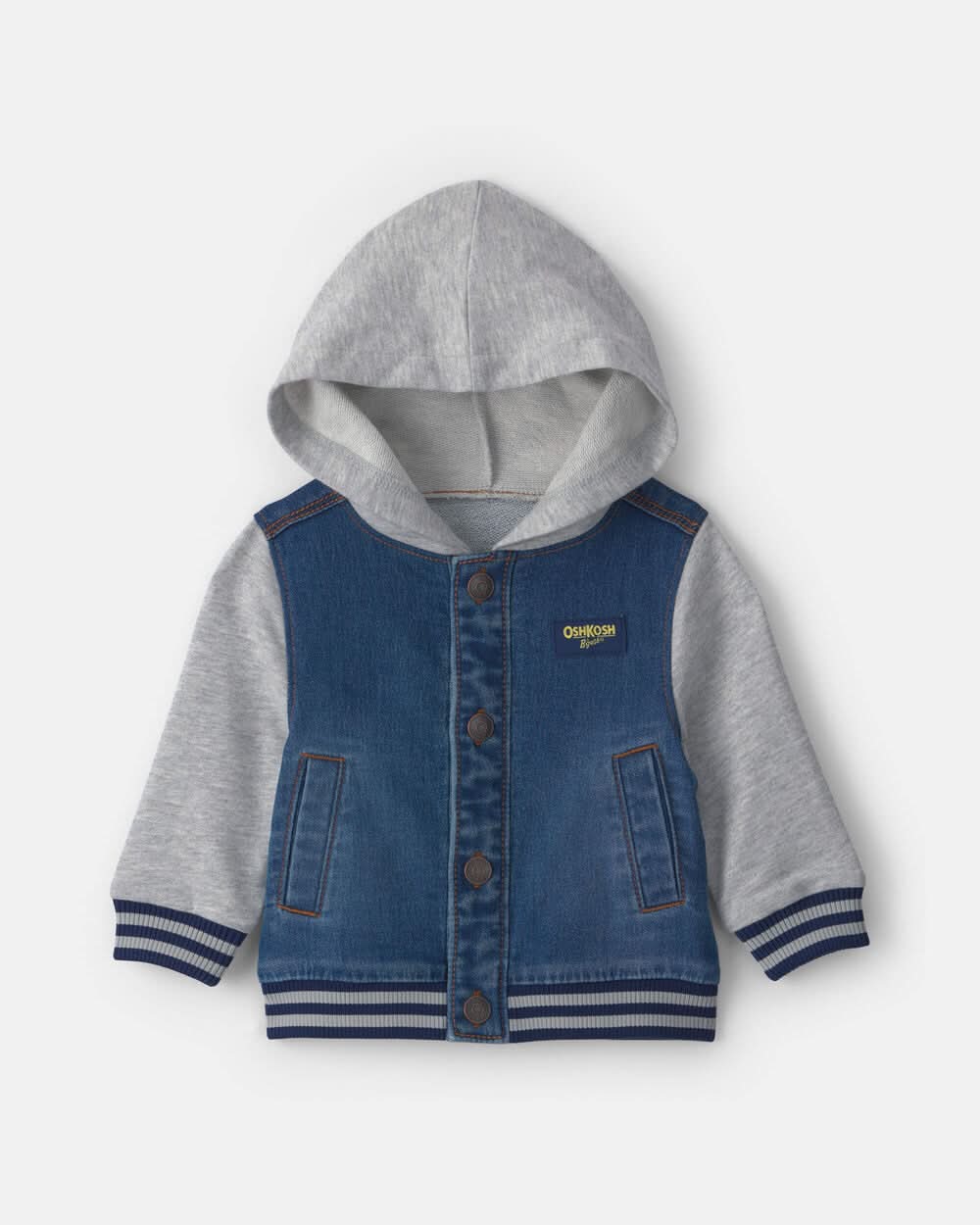 OshKosh B'gosh Baby Boy Varsity Hooded Denim Jacket, 9M, Indigo/Grey