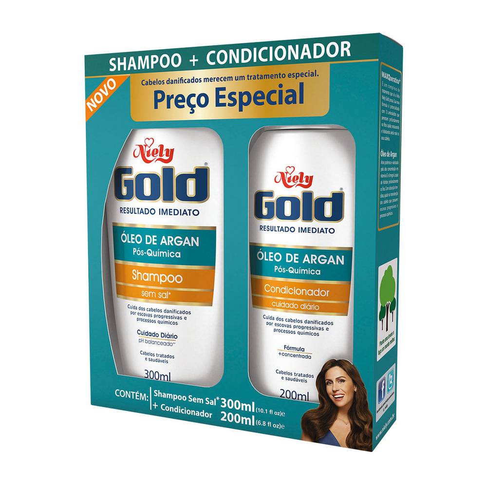 Niely kit shampoo pós química gold 300ml + condicionador pós química gold 200ml (2 itens)