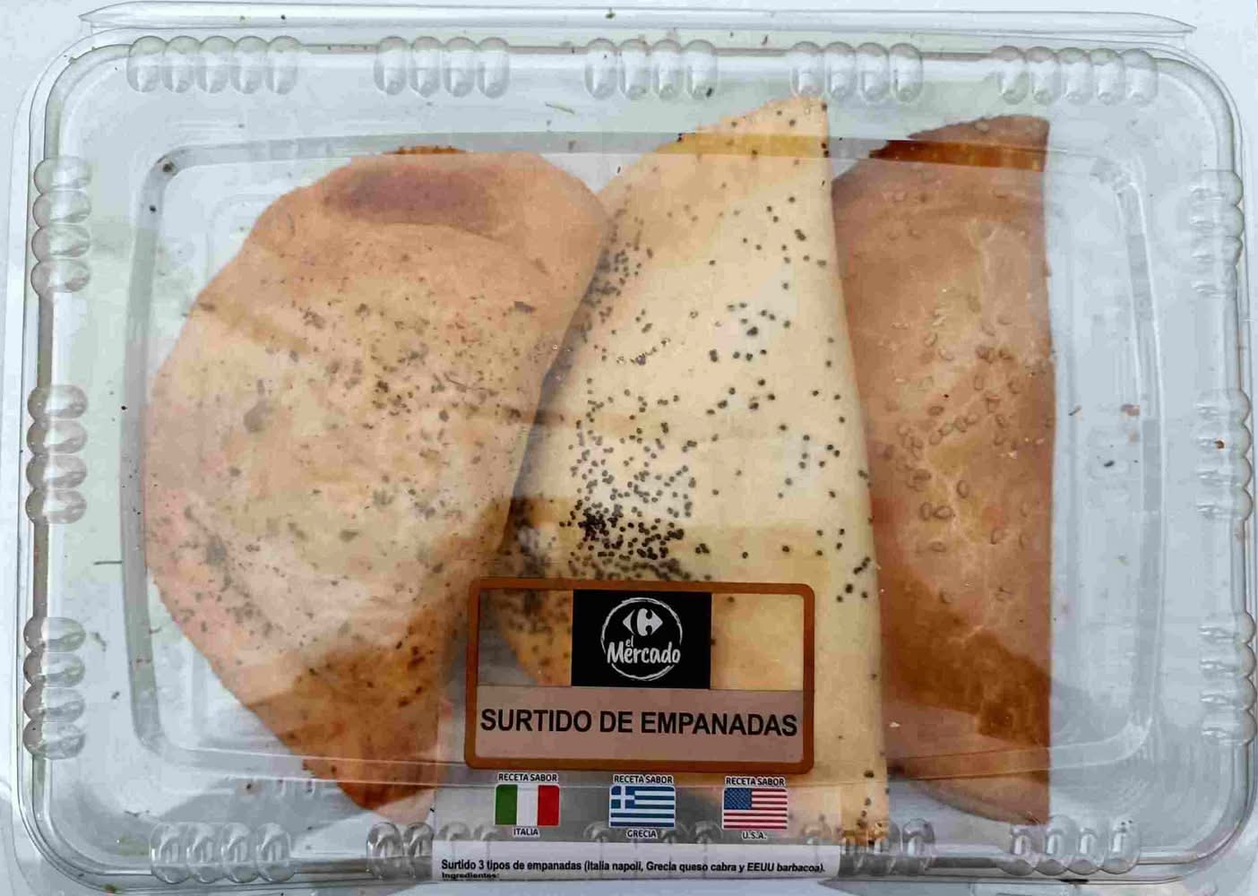 Surtido de empanadas · Carrefour El Mercado - Napolitana–Queso De Cabra–Barbacoa (3 un)