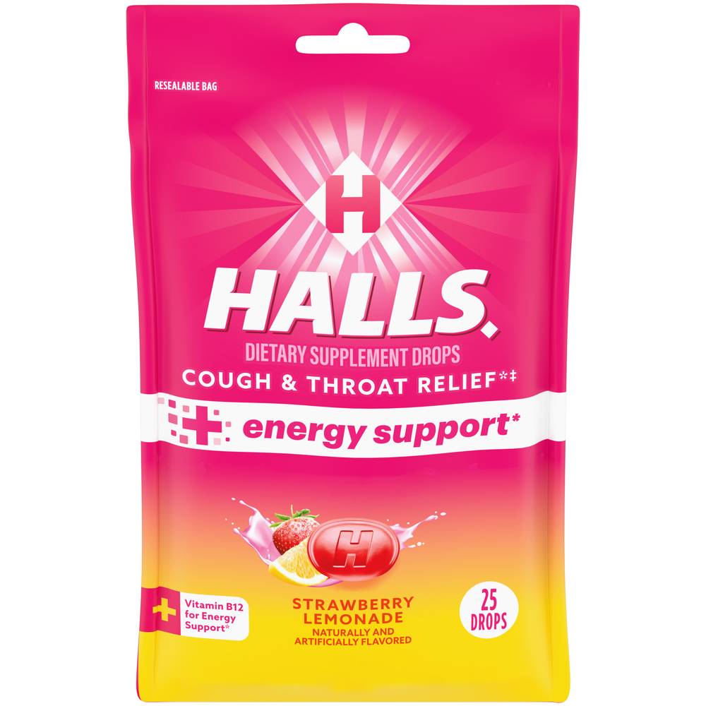 Halls Cough & Throat Relief + Energy Support Drops, Strawberry Lemonade (25 ct)