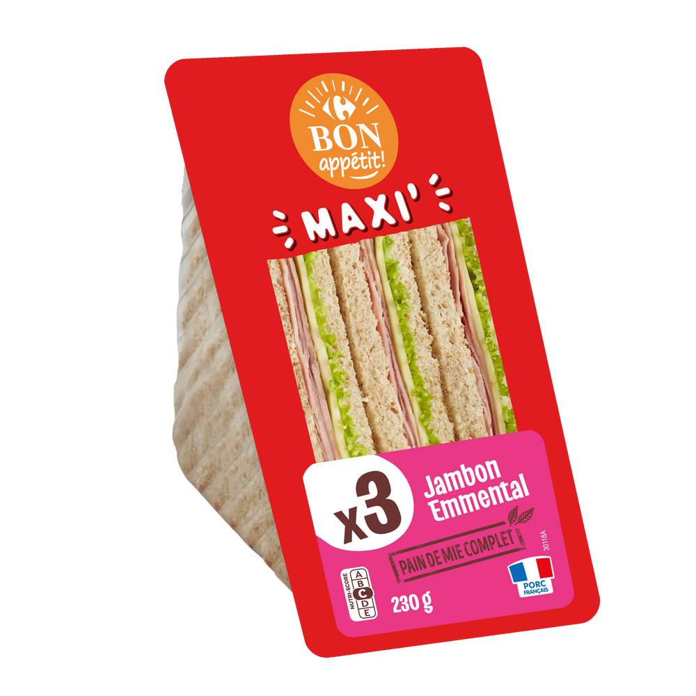 Sandwich maxi jambon emmental CARREFOUR BON APPETIT - le paquet de 230g