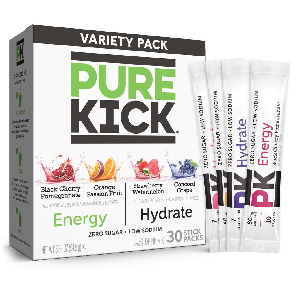 Jel Sert Pure Kick Hydration & Energy Drink Mix Sticks, Black Cherry Pomegranate-Orange Passion Fruit-Strawberry Watermelon, 30 CT (3.33 oz, 30 ct)