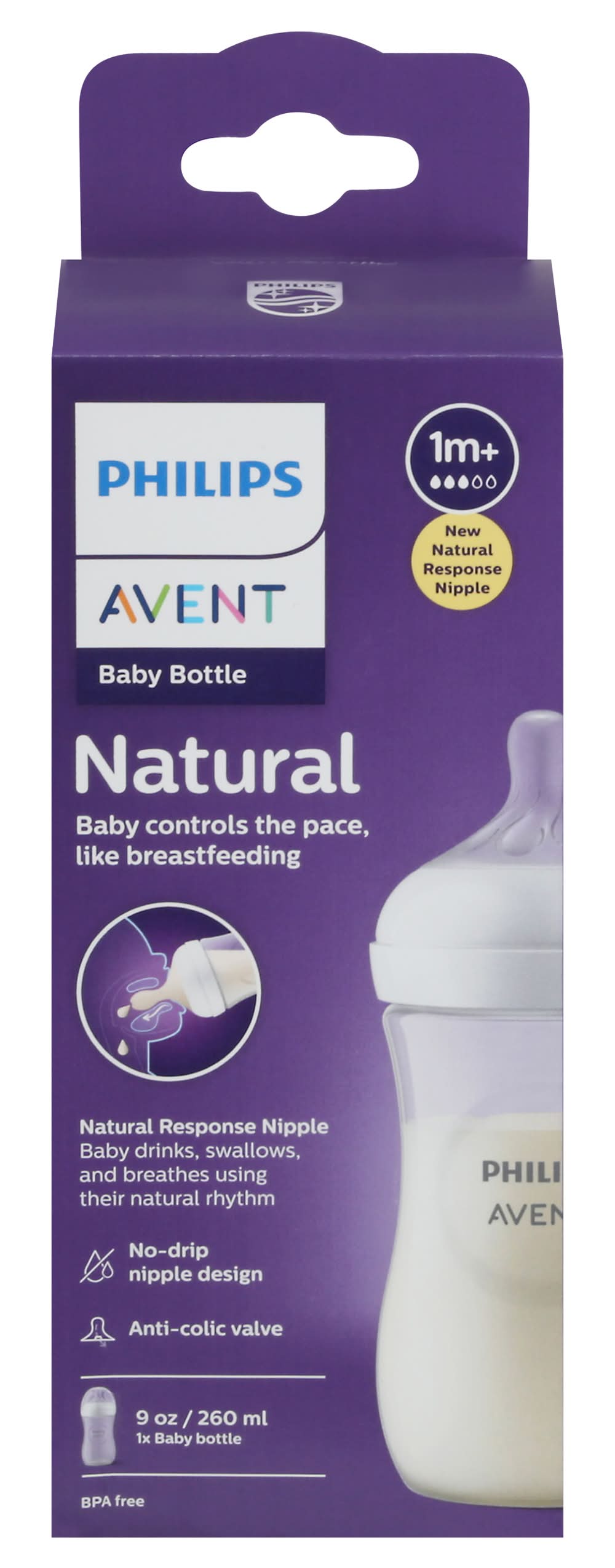 Philips Avent Natural Baby Bottle With Response Nipple 9 oz, Transparent