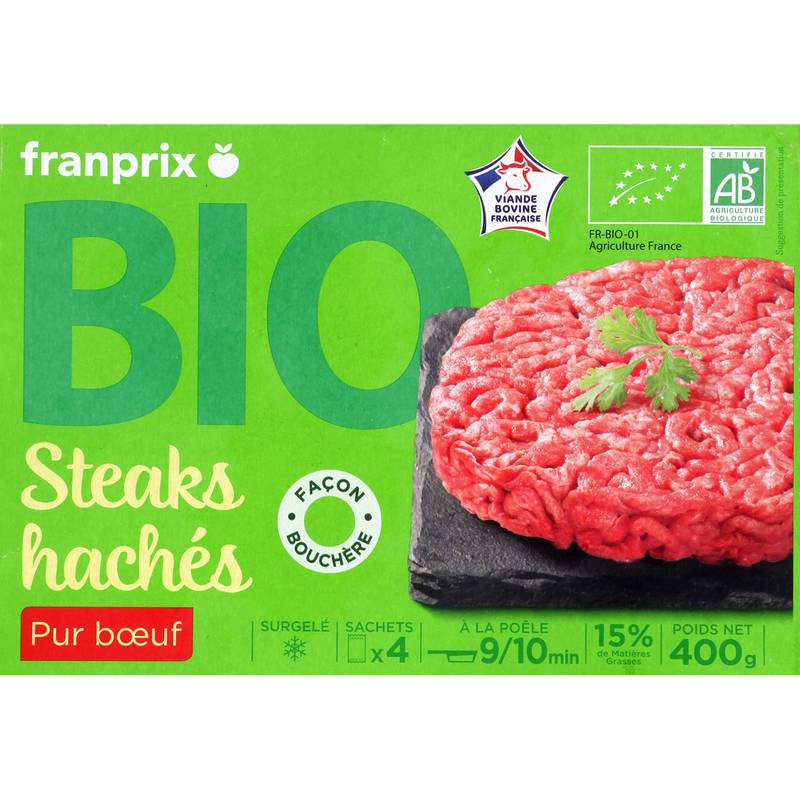 Franprix - Steaks hachés pur bœuf 15% de matière grasse biologique (4 unités)