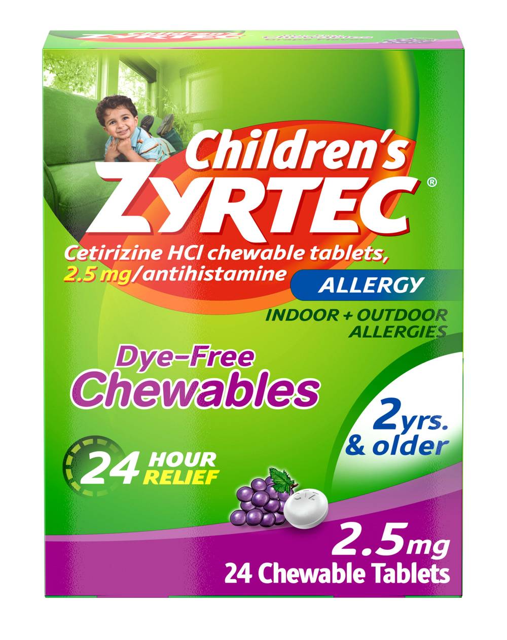Zyrtec Childrens 24 Hour Allergy Grape Chewable 2.5 mg Tablets