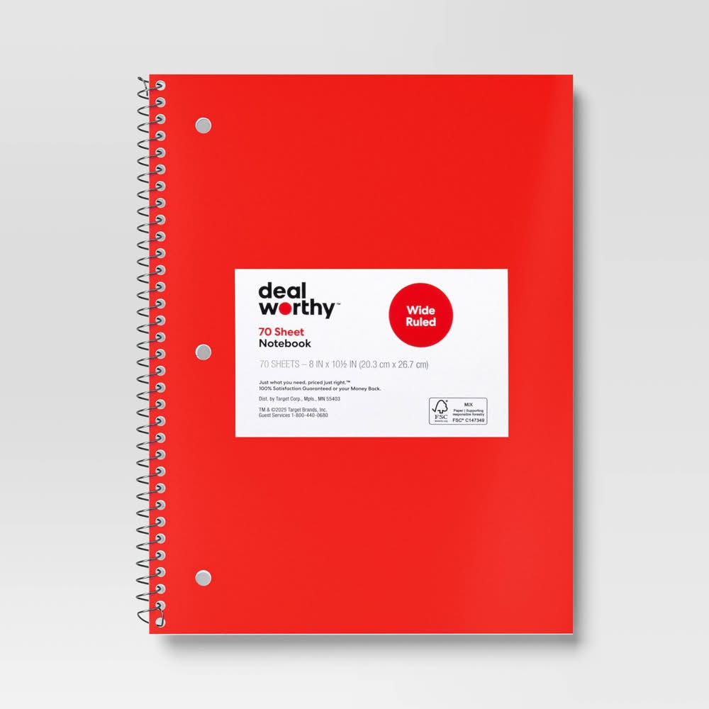 Dealworthy 70 Sheets Wide Ruled Subject Spiral Notebook, 8x10.5 in, Red
