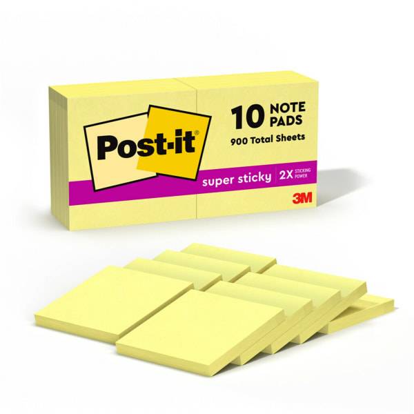 Post-It Super Sticky Notes, 3 in X 3 In, Canary Yellow (10 pads/ct)