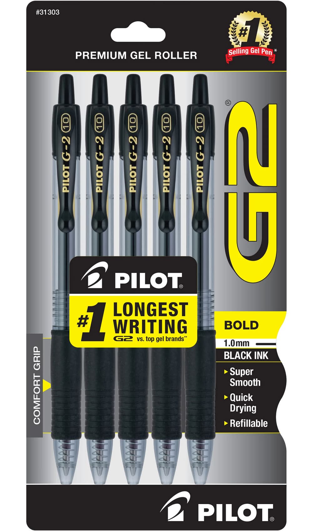 Pilot G2 Bold-Point Premium Retractable Gel Roller Pens, Black (5 ct)