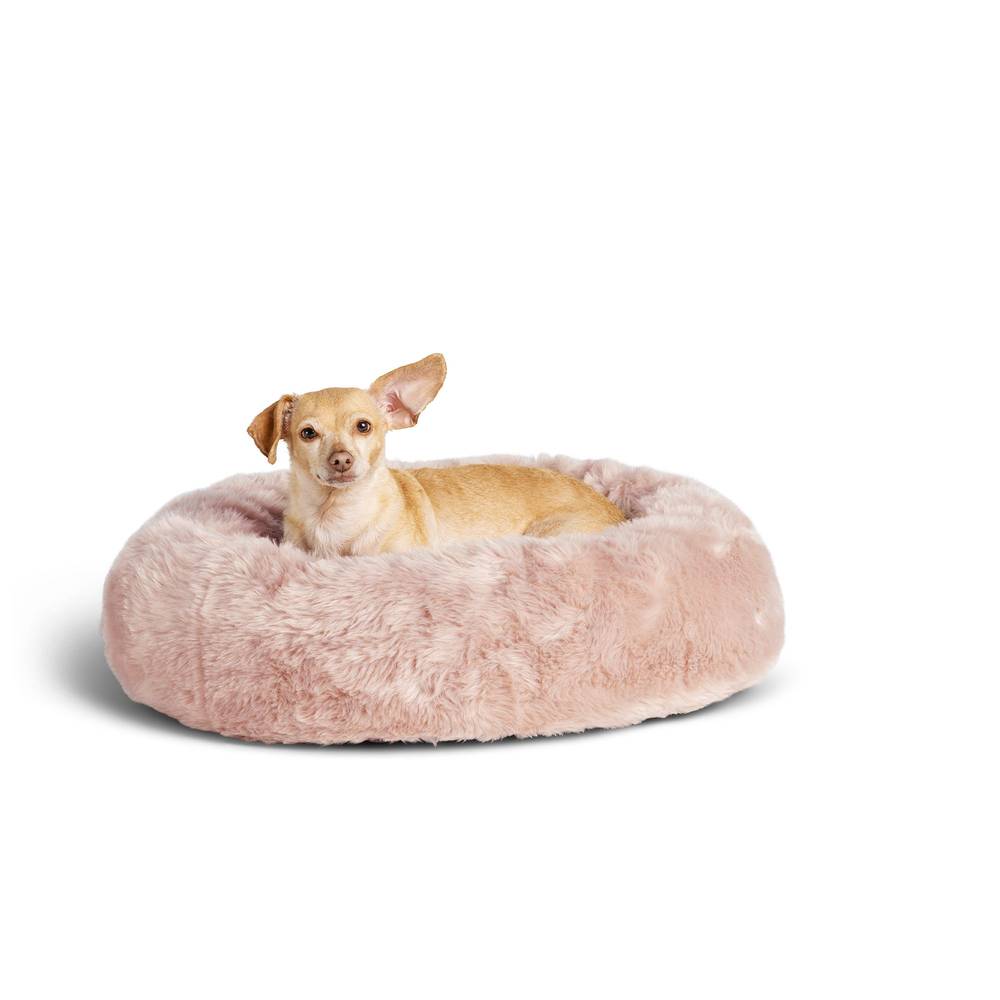 Top Paw® Overstuffed Fur Donut Dog Bed (Color: Pink, Size: 22\"L X 22\"W X 6.5\"H)