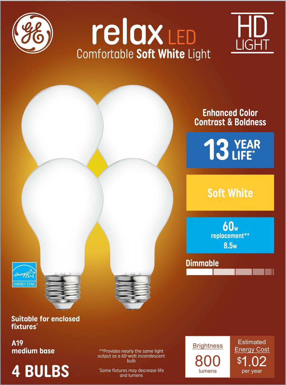 GE Relax 60-Watt EQ A19 Soft White Medium Base (e-26) Dimmable LED General Purpose Light Bulb (4-Pack) | 44929