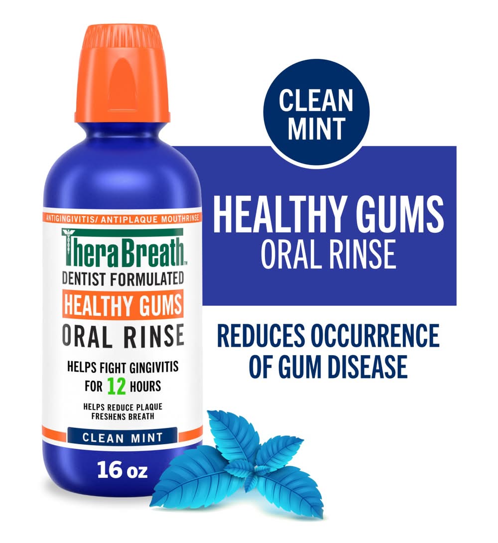 TheraBreath Dentist Formulated Healthy Gums Oral Rinse For Gingivitis, Clean Mint (16 oz)
