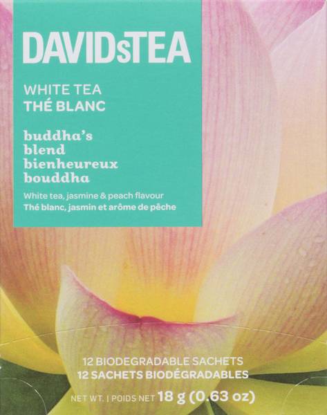 DAVIDsTEA Buddha's Blend Biodegradable White Tea Sachets, Jasmine & Peach (18 g, 12 ct)