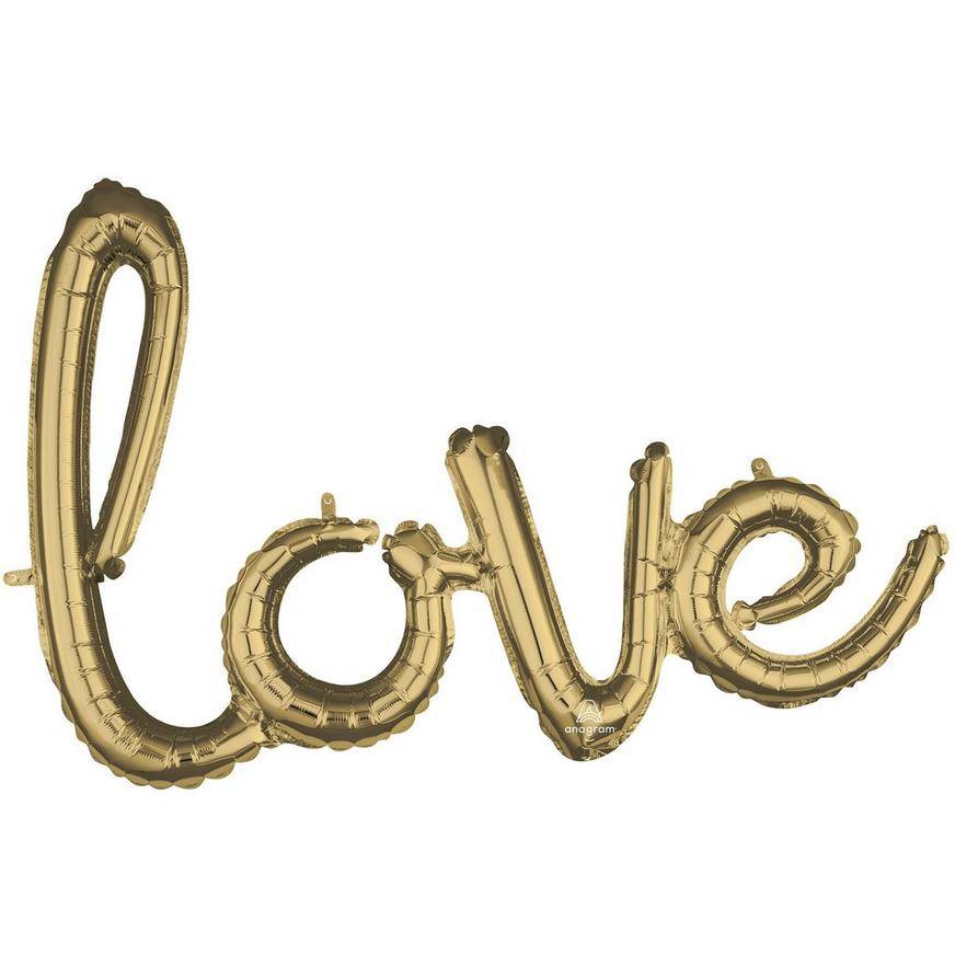 Uninflated Air-Filled White Gold Love Cursive Letter Balloon Banner, 31in x 21in