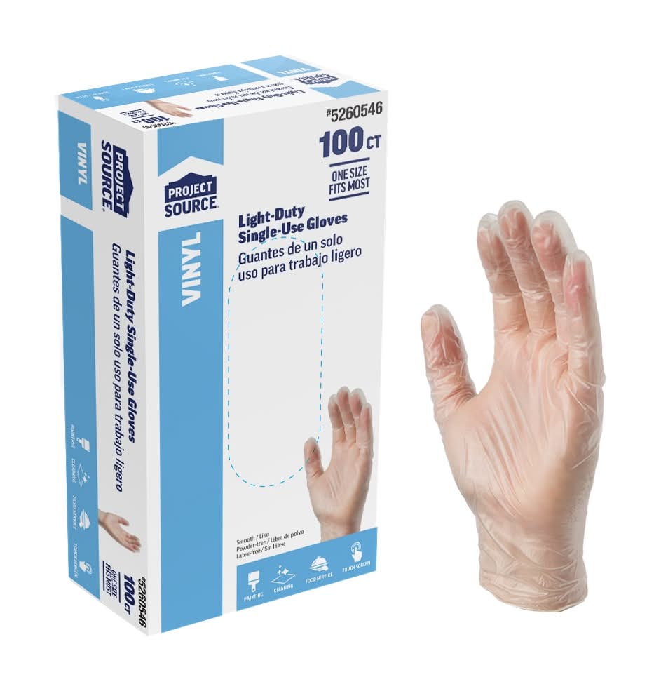 Project Source One size fits all 100 -Count Textured -Grip Food Grade Vinyl Disposable cleaning gloves 50 -Pairs