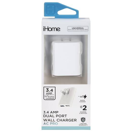 Ihome 3.4 Amp Ac Pro Dual Port Wall Charger