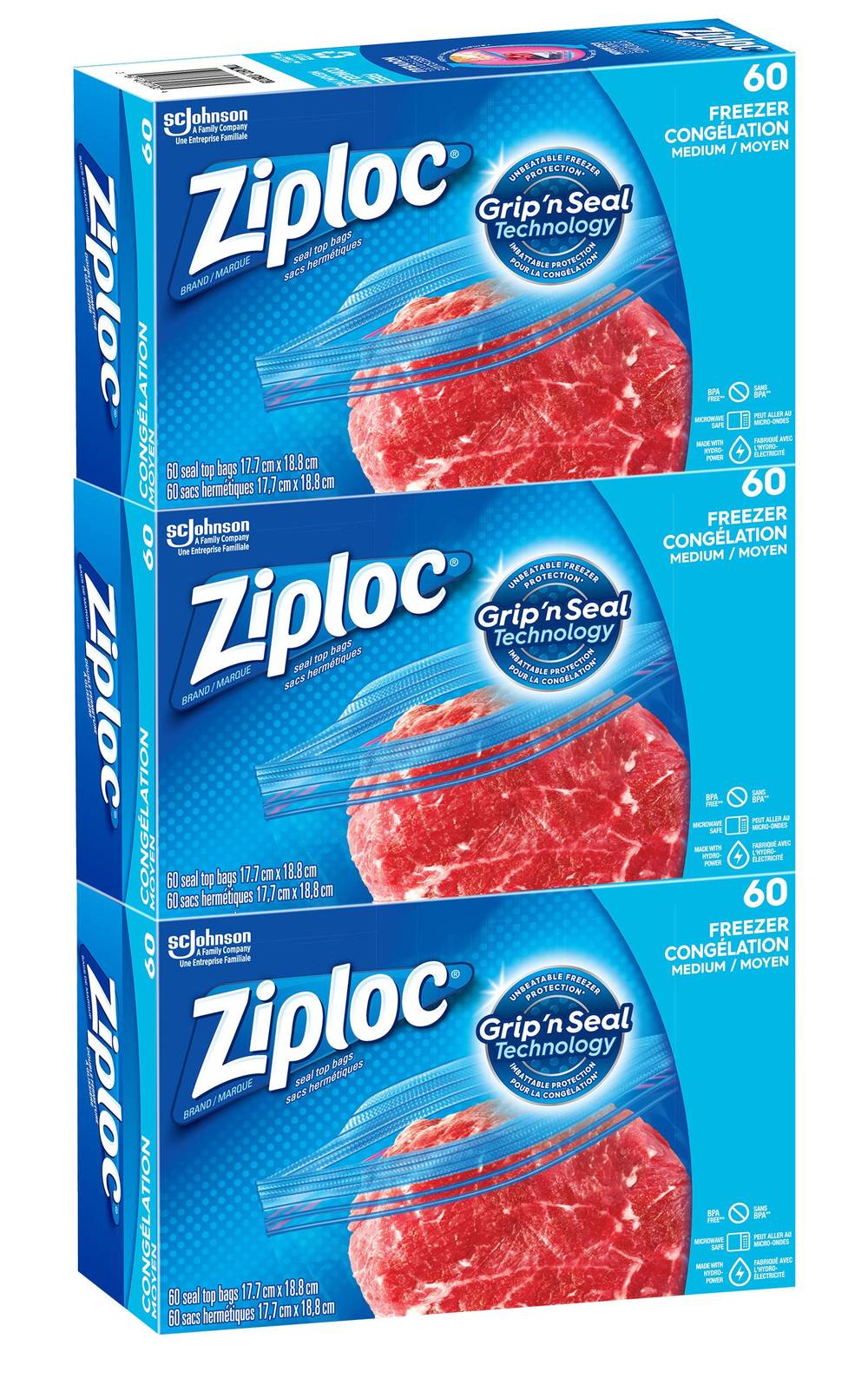 Ziploc - Sacs Pour Congélation Faciles À Ouvrir De Format Moyen, 3 Paquets De 60 / Ziploc Easy-Open Medium Freezer Bags, 3 Packs Of 60