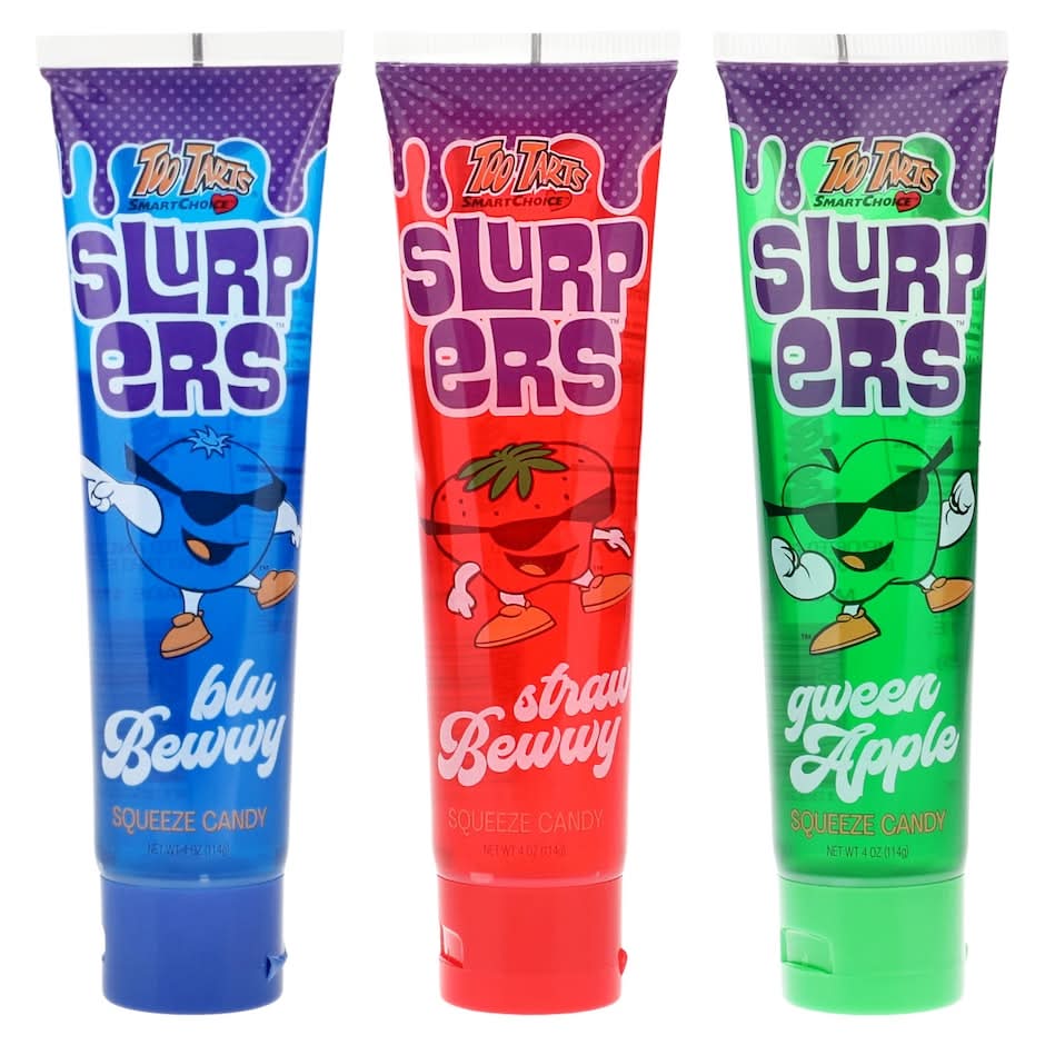 Too Tarts Slurpers Sour Squeeze Candy, Green Apple-Strawberry-Blue Raspberry (3 x 4 oz)