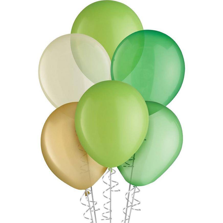 Uninflated 15ct, 11in, Natural 5-Color Mix Latex Balloons - Greens, Gold White