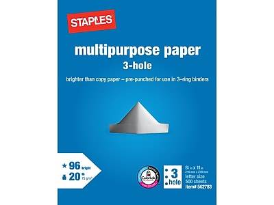 Staples 8.5 x 11 3-Hole Punch Multipurpose Paper, 20 lbs., 96 Brightness, 500/Ream (05031)