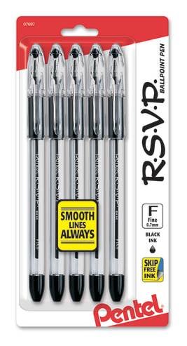 Pentel® R.S.V.P.® Ballpoint Pens, Fine Point, 0.7 mm, Clear Barrel, Black Ink, Pack Of 5