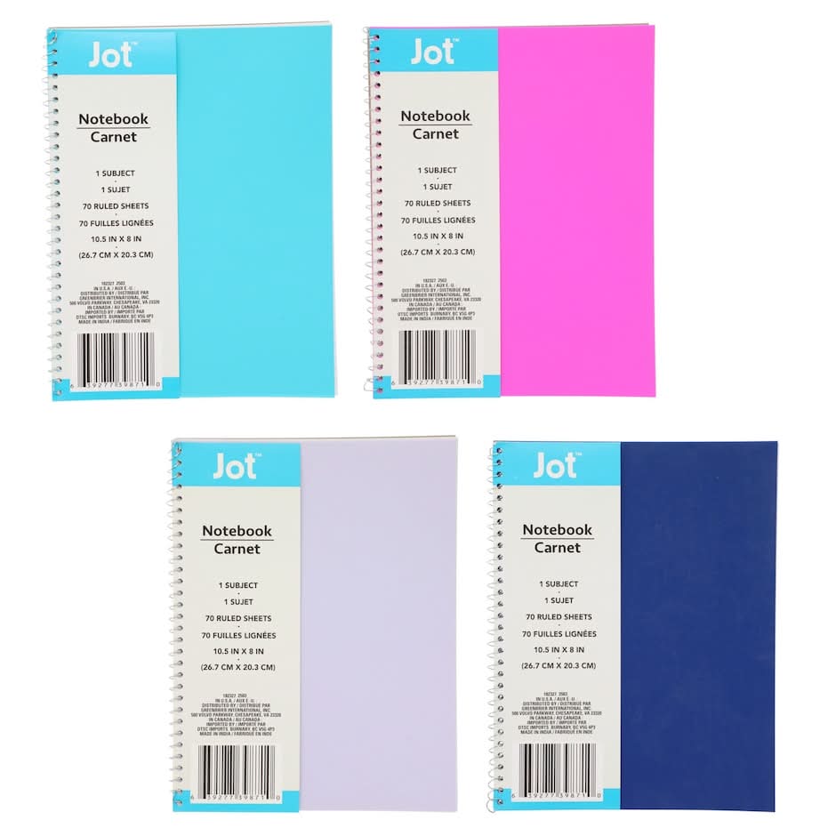 Jot Wide-Ruled Poly-Cover Spiral Notebooks, 70 pg.