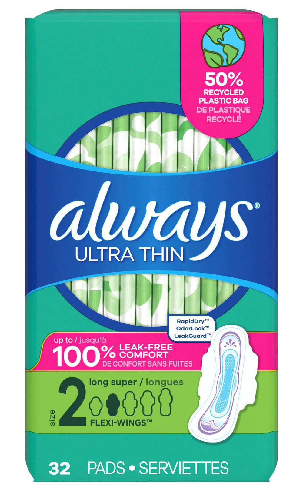 Always Ultra Thin Long Super Absorbency Pads, Women, 2 (32 ct)