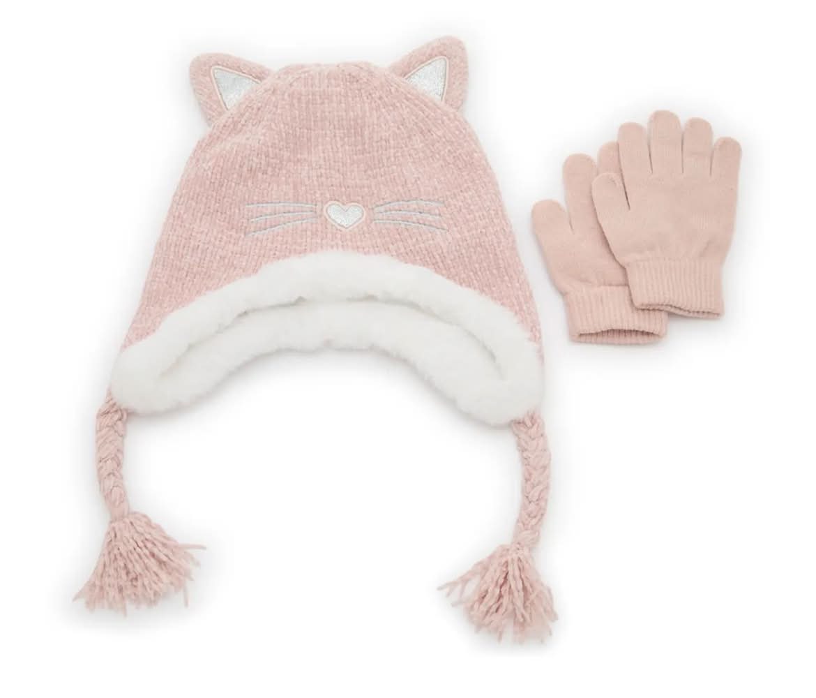Capelli New York Cat Kids' Beanie & Gloves Set (Blush Pink S/M)