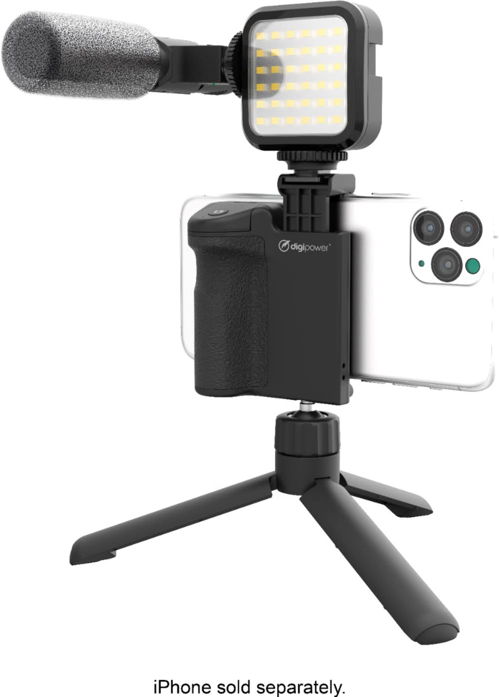 Digipower - Follow ME Vlogging Kit for Phones and Cameras – Includes Microphone, LED light, Bluetooth remote, phone grip and tripod - Black