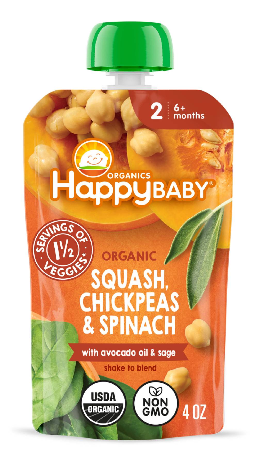Happy Baby Organics 2 (6+ months) Squash Chickpeas & Spinach (4 oz)