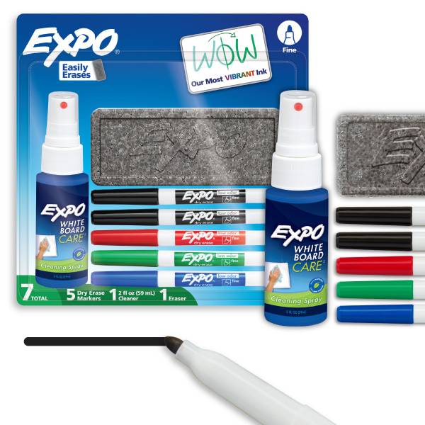EXPO® Low-Odor Dry-Erase Starter Kit, Fine-Point, 5 Markers, Black (2), Red, Blue, Green