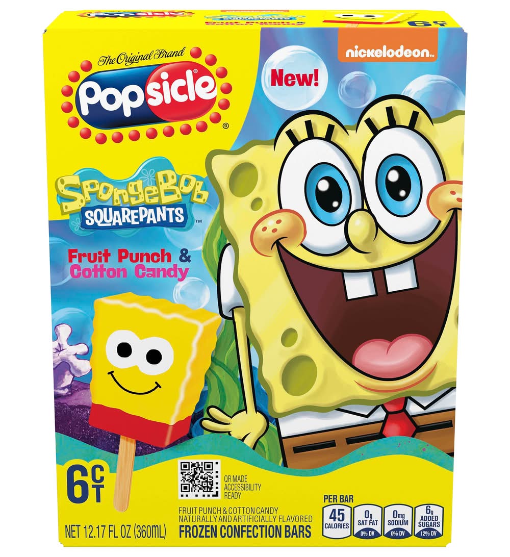 Popsicle Spongebob Squarepants Frozen Confection Bars, Fruit Punch & Cotton Candy (12.17 fl oz, 6 ct)