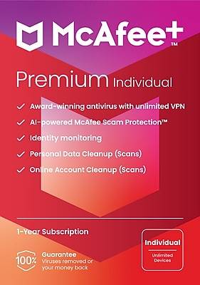 McAfee+ Premium Individual for Unlimited Users, Windows/Mac/Android/iOS/ChromeOS, Product Key Card (MPP21ESTURD3D)
