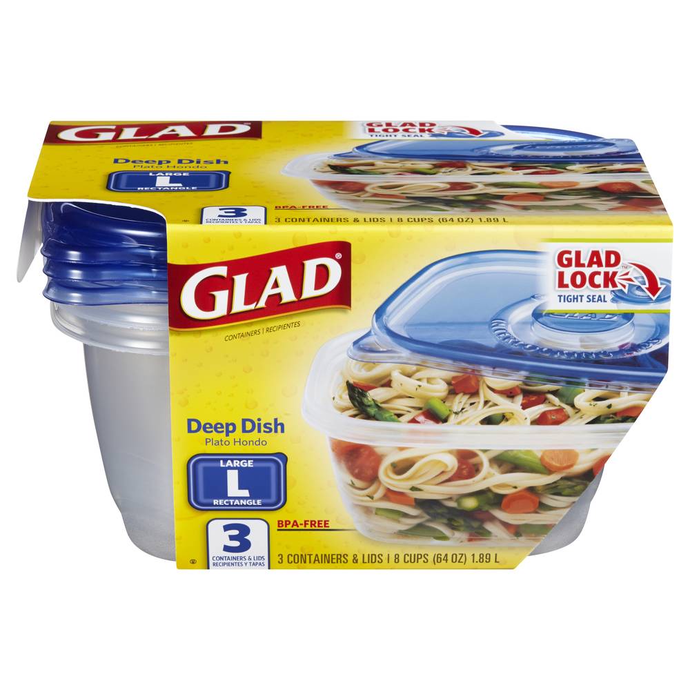 Glad Rectangle Deep Dish Containers & Lids, L (3 ct)