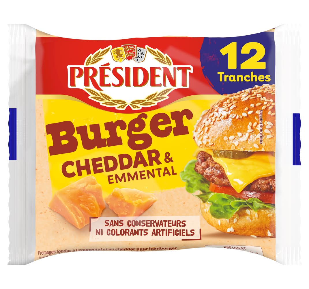 Président - Burger fromage cheddar et emmental en tranches (12)