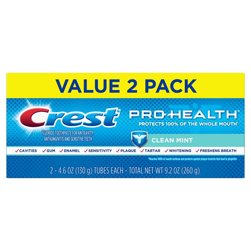 Crest Pro-Health Fluoride Toothpaste for Anticavity, Antigingivitis, and Sensitive Teeth, Clean Mint, 4.6 OZ, 2 pack