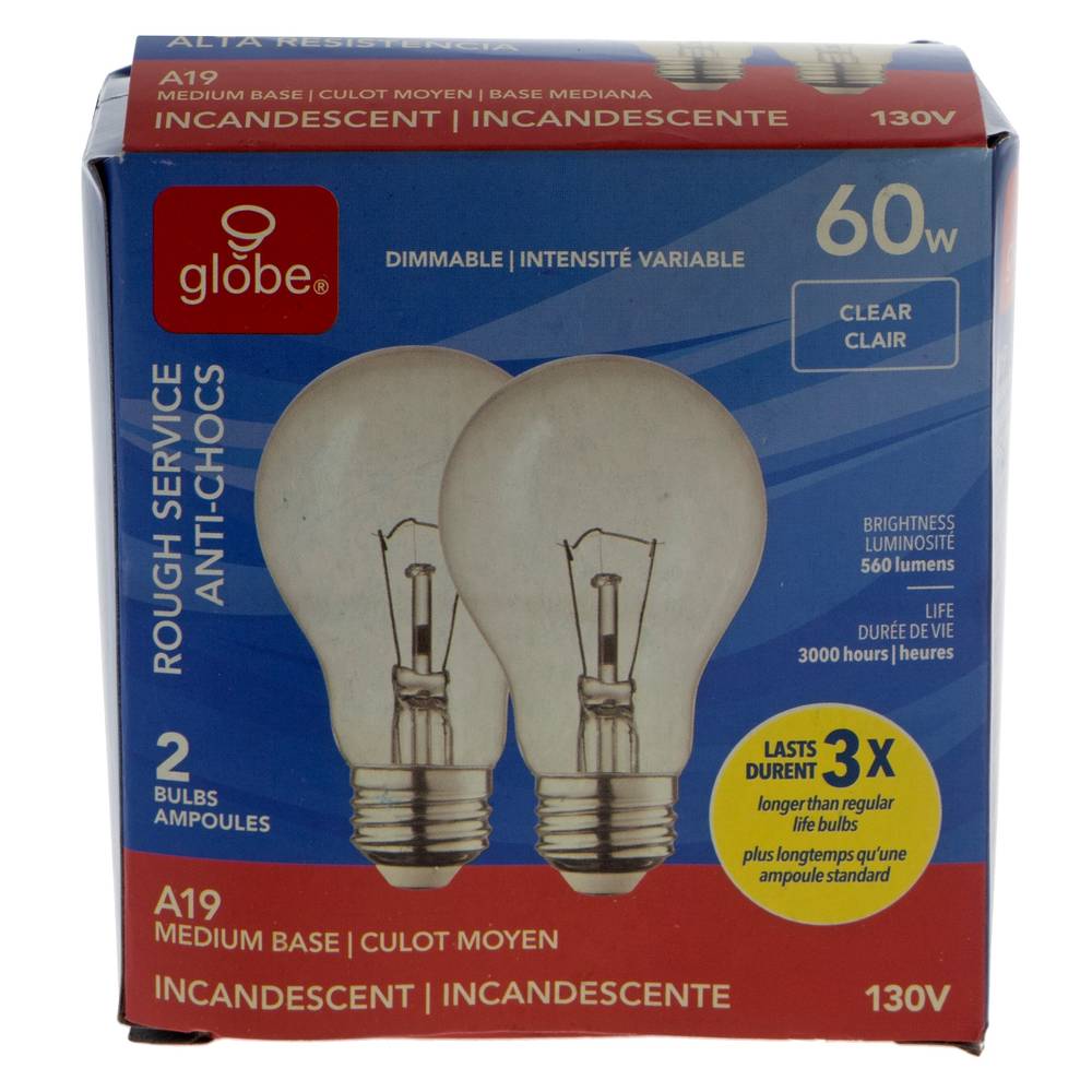 A19 60W Clear Long Life Bulbs, 2 Pack