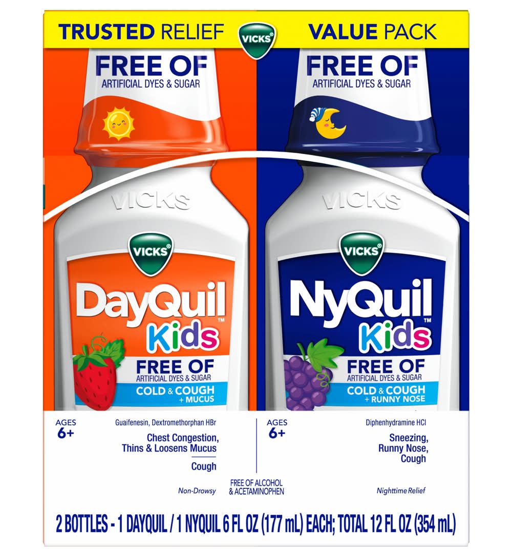 Vicks Kids Dayquil & Nyquil Cold & Cough Multi-Symptom Relief Liquid Ages 6+, Strawberry-Grape (12 oz, 2 ct)