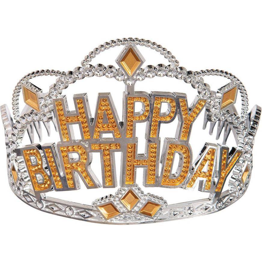 Party City Metallic Plastic Birthday Tiara (3.5in x 4.5in/gold-silver)